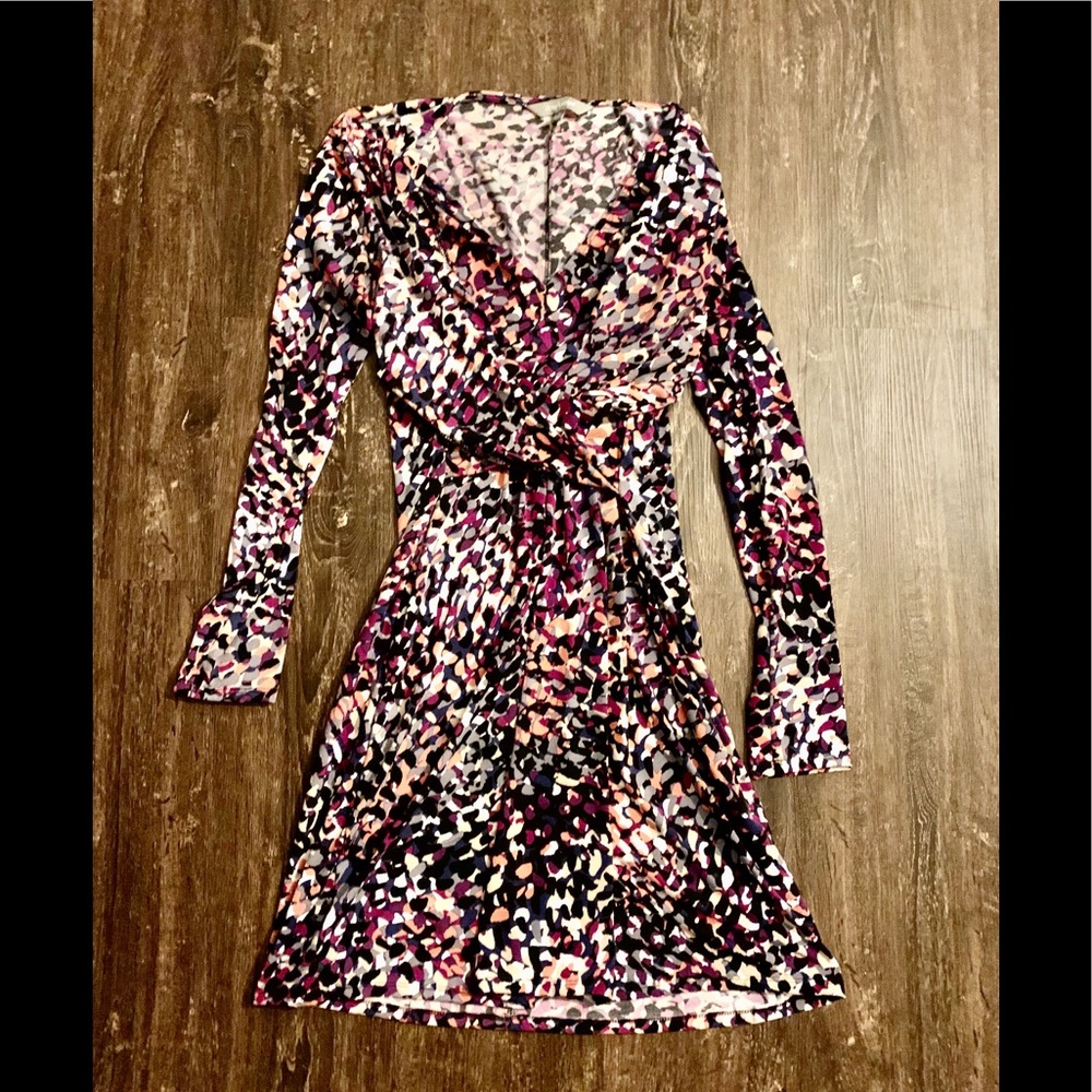Long Sleeve Pink Multi-Color Wrap Dress